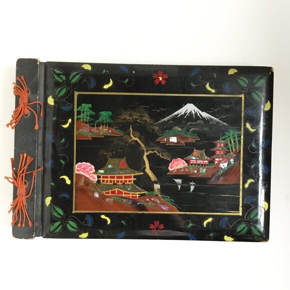 Vintage Japanese Black Lacquer Pagoda Hand Painted Photo Album Scrap Book - Picture 1 of 11